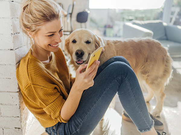 Female sitting with dog looking at mobile phone