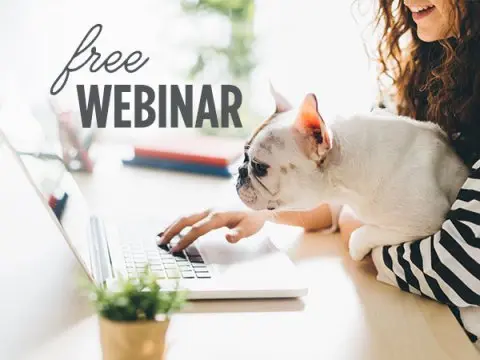 Free Webinar, dog and woman on laptop